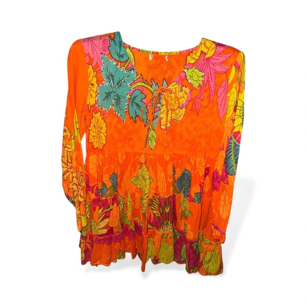 Vibrant Orange Floral Women's Tunic Style Bohemian Colorful Top Ties in Front - Picture 2 of 5